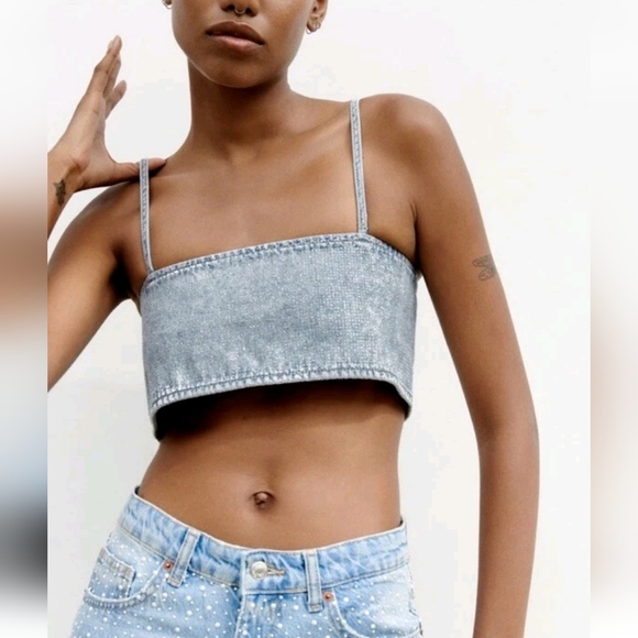 Zara Tops - Zara SEQUINNED FOIL DENIM CROP TOP
